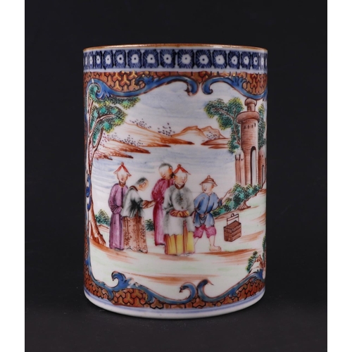 648 - An 18th century Chinese Mandarin mug decorated with figures in landscapes within panels, 11cms high;... 