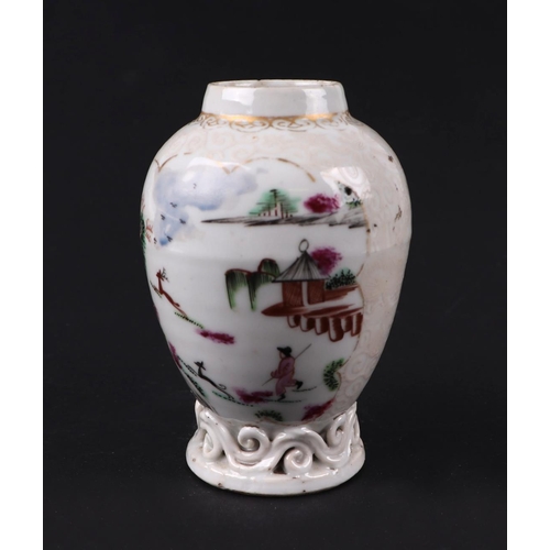 648 - An 18th century Chinese Mandarin mug decorated with figures in landscapes within panels, 11cms high;... 