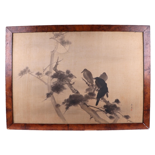 649 - A late 19th century Meiji period Japanese watercolour depicting crows on a branch, signed lower righ... 