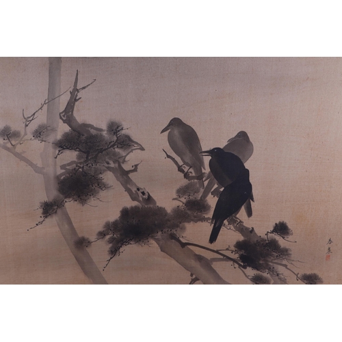 649 - A late 19th century Meiji period Japanese watercolour depicting crows on a branch, signed lower righ... 