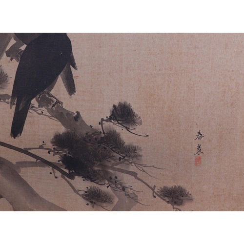 649 - A late 19th century Meiji period Japanese watercolour depicting crows on a branch, signed lower righ... 