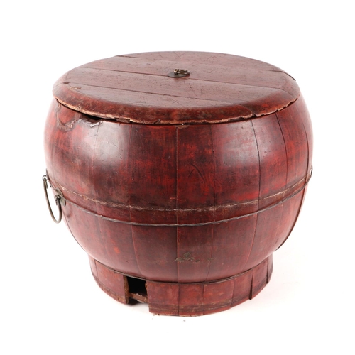 652 - A Chinese red lacquered rice bucket and cover, approx 45cms diameter.