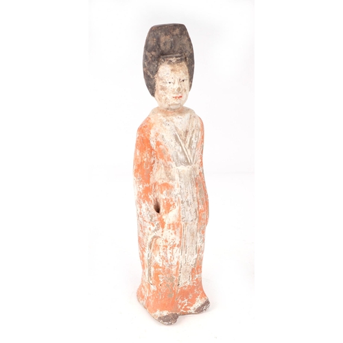 653 - A Chinese green glazed pottery altar, 30cms wide; together with a Chinese pottery funereal figure, 2... 