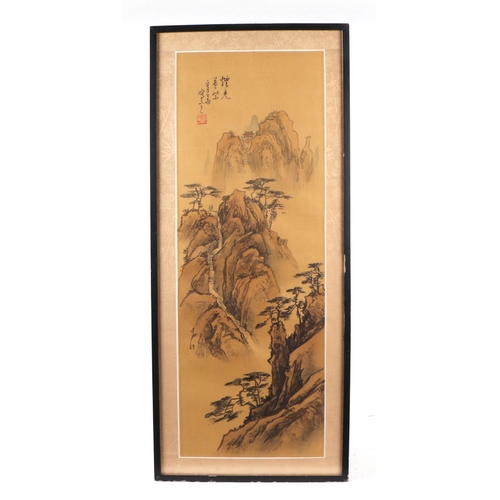 666 - A Chinese watercolour on silk depicting a mountainous landscape and calligraphy, framed & glazed, 20... 