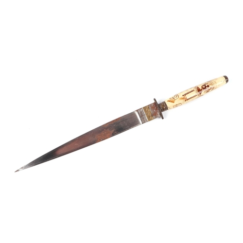 68 - An Art Nouveau steel bladed dagger in leather scabbard, overall 28cms, blade length 18cms.