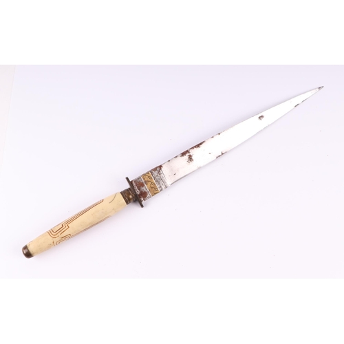 68 - An Art Nouveau steel bladed dagger in leather scabbard, overall 28cms, blade length 18cms.