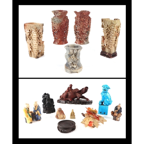 692 - A group of Chinese carved soapstone vases; together with a turquoise glazed fo dog; a hardwood group... 