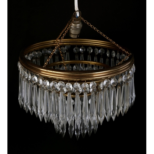 722 - A three-tier ceiling light with prismatic drops, 26cms diameter.