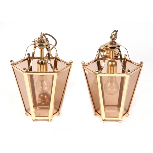 730 - A pair of Victorian style gilt metal hall lanterns of tapering hexagonal form, each approx 38cm high... 