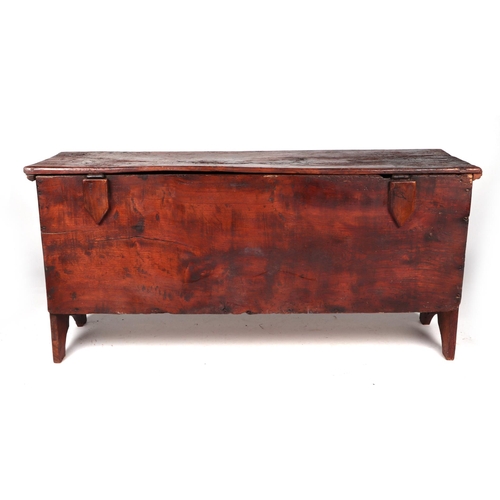 741 - An 18th century walnut six-plank coffer, the front inscribed 'S W 1781', 120cms wide.