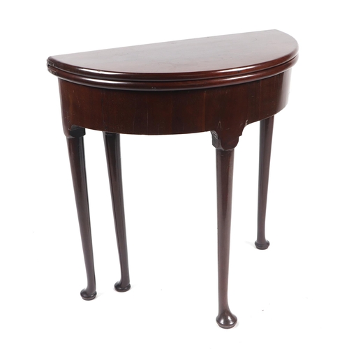 748 - A 19th century mahogany demi-lune tea table with frieze drawer, on tapering cabriole legs with pad f... 