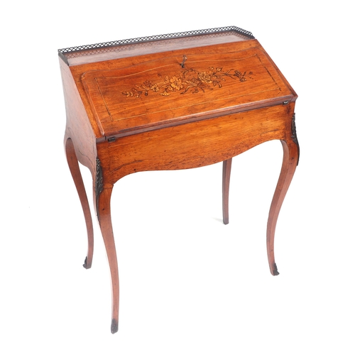 756 - A 19th century French ladies bureau with inlaid decoration, the fall-flap enclosing a fitted interio... 