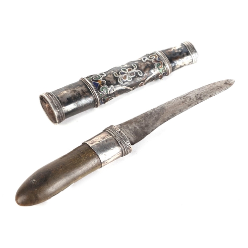 93 - A 19th century Burmese Dha dagger with white metal mounted horn handle and white metal and enamel sc... 