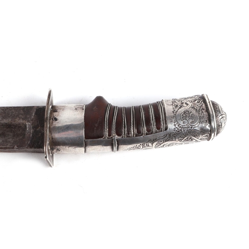 98 - A mid 19th century Russian Cossack sword (Shashka) with finely detailed white metal hilt, 92cms long... 