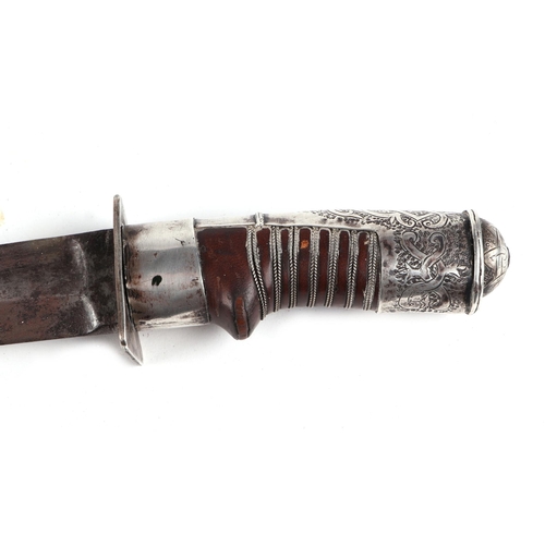 98 - A mid 19th century Russian Cossack sword (Shashka) with finely detailed white metal hilt, 92cms long... 