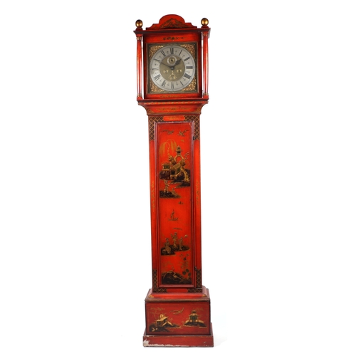 469 - A longcase clock, the 30cm square brass dial with silvered chapter ring and Roman numerals, subsidia... 