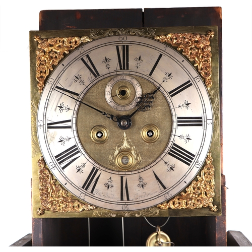 469 - A longcase clock, the 30cm square brass dial with silvered chapter ring and Roman numerals, subsidia... 