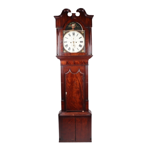 470 - A longcase clock, the 36cm square arched painted dial decorated with a vase of flowers, the white di... 