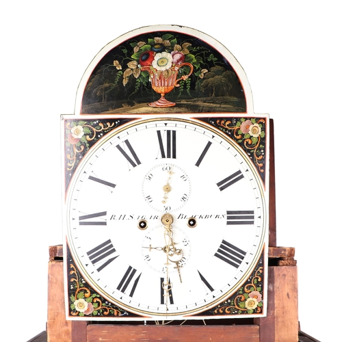 470 - A longcase clock, the 36cm square arched painted dial decorated with a vase of flowers, the white di... 