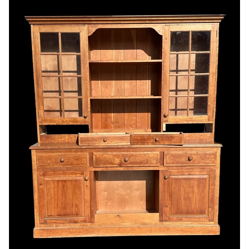 862 - A modern fruitwood style dresser with glazed superstructure above three frieze drawers with cupboard... 