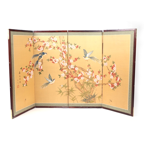 681 - A Chinese four-fold screen decorated with birds and prunus, overall 155 by 89cms.Condition ReportThe... 