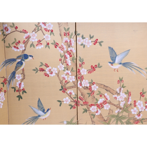 681 - A Chinese four-fold screen decorated with birds and prunus, overall 155 by 89cms.Condition ReportThe... 