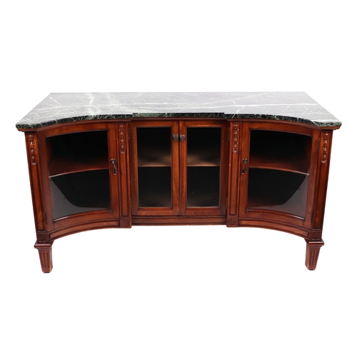 856 - A mahogany low side cabinet with shaped figured green marble top above glazed cupboards with interna... 