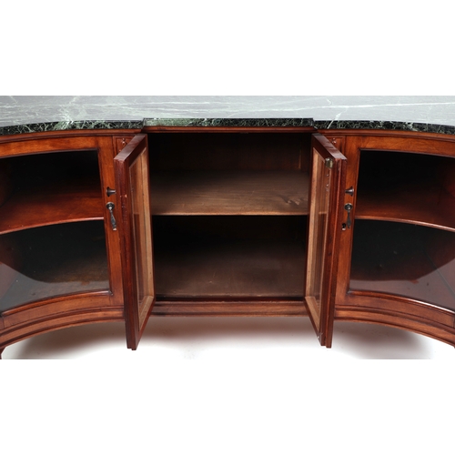 856 - A mahogany low side cabinet with shaped figured green marble top above glazed cupboards with interna... 