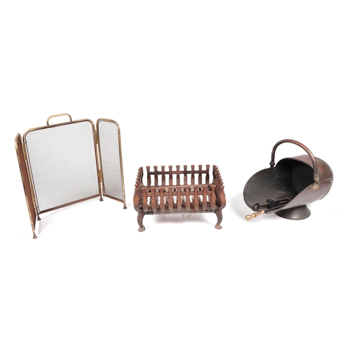 734 - Two iron fire grates; together with a brass folding firescreen; a Victorian copper coal scuttle; and... 