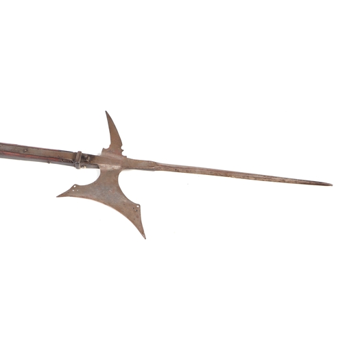 111 - A 16th century style continental Halberd on a chamfered oak shaft, 206cms high.