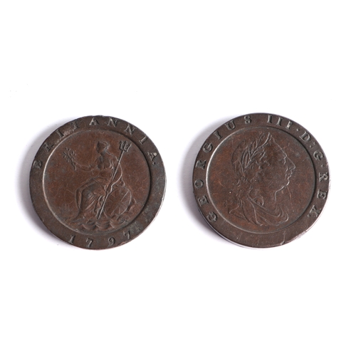 496 - A 1797 Cartwheel penny counter box, a similar smaller and a Georgian coin.