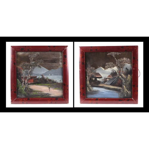 677 - A pair of Japanese lacquer panels depicting village scenes, mounted in red lacquer frames, overall 3... 