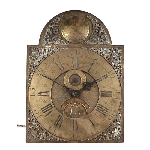 459 - A late 18th century brass longcase face and movement, the 30cms square arched dial with brass chapte... 