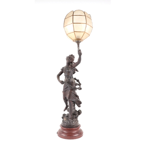 717 - An Art Nouveau style spelter figural table lamp, 69cms high.