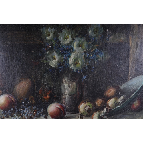 191 - G Rawling ? (British school) - Still Life of Fruit and Flowers - signed lower right, framed, 90 by 6... 