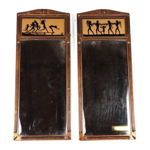 861 - A pair of Rowley Gallery style Arts & Crafts Pier mirrors with silhouette panel depicting children, ... 