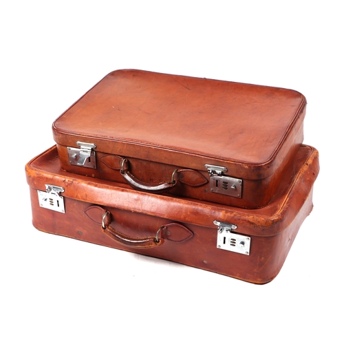 431 - Two vintage Harrods leather suitcases with combination locks, 66cms and 57cms wide (2).