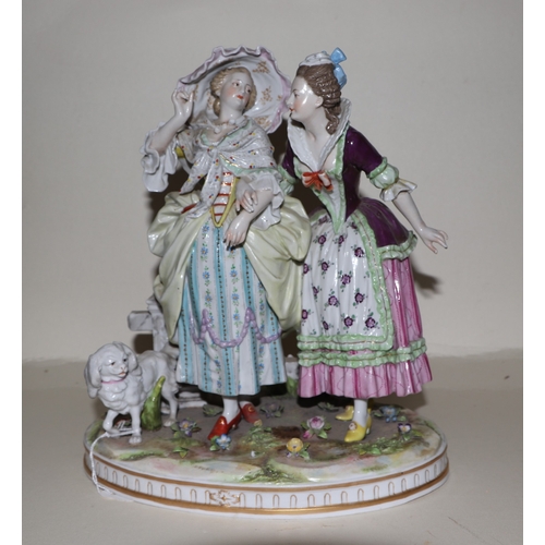 286 - A continental porcelain group depicting two ladies standing by a gate with a spaniel dog, 26cms high... 