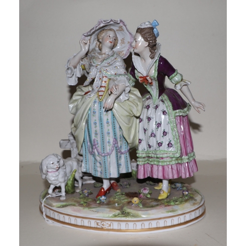 286 - A continental porcelain group depicting two ladies standing by a gate with a spaniel dog, 26cms high... 