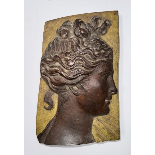 393 - An early 20th century carved and painted profile head and shoulder portrait of a neo-classical lady,... 