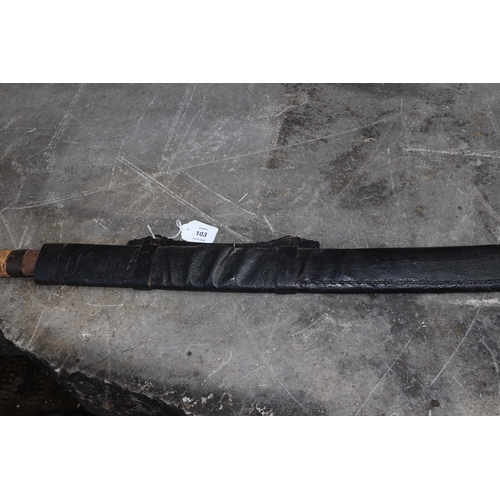 103 - An Asian sword in metal bound leather scabbard, overall 96cms long.