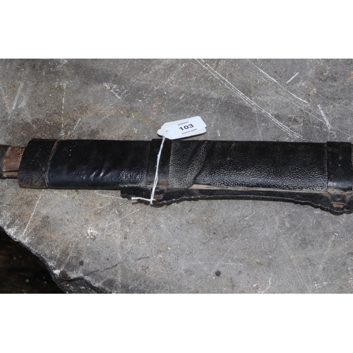 103 - An Asian sword in metal bound leather scabbard, overall 96cms long.