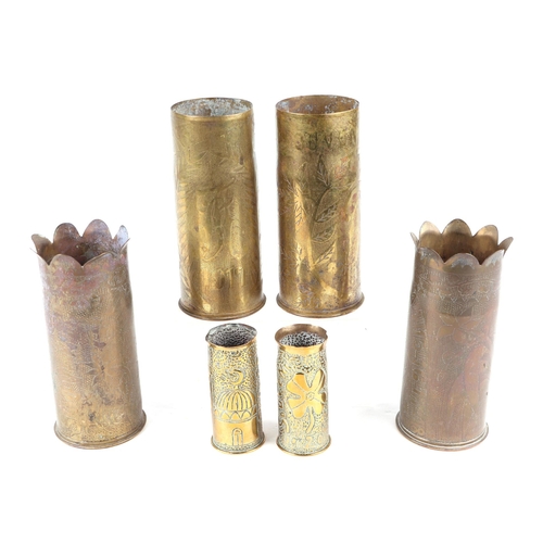 107 - Three pairs of WWI ORIENT trench art vases made from brass shell cases. The small pair decorated wit... 