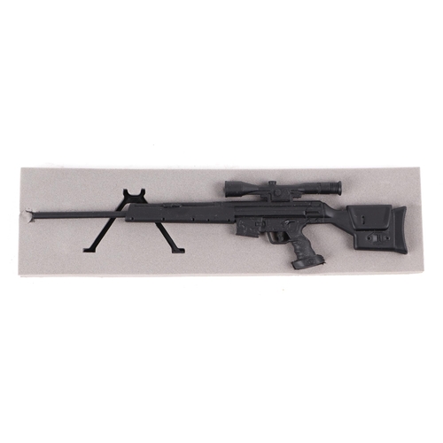 116 - A metal model of a Marui New A.E.G. Electric Sniper Rifle H&K PSG-1 with stand. Length 20cms (7.875i... 