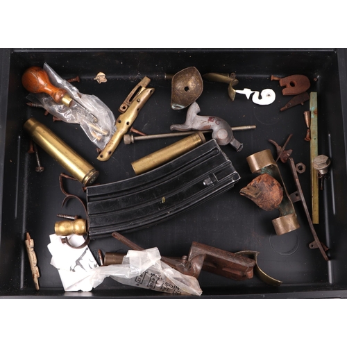 121 - A vintage Webley air pistol, a double barrelled percussion pistol, the remains of a flintlock pistol... 