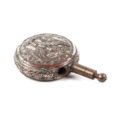 137 - A trench art type lighter, one side decorated with a cannon and crossed flags, the other an eagle wi... 