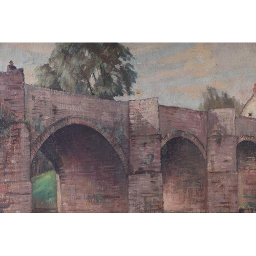 181 - W K Hudson (Modern British), a river scene with four arch span bridge, oil on canvas laid on board, ... 