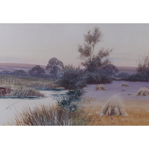 188 - Fredrick Gordan Fraser (1879-1931), a rural landscape, with corn stooks next to a river bank, waterc... 