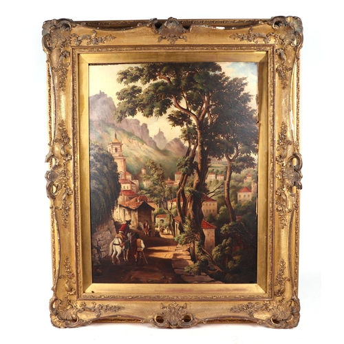 196 - Continental school, figures on a village street, oil on board, mounted in an ornate gilt gesso frame... 