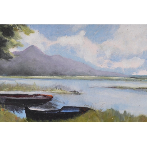 197 - F Horsnail (20th century British) moored rowing boats, signed lower right corner, oil on board, fram... 